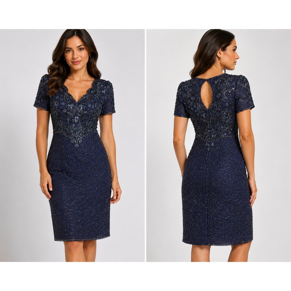 Laurence Kazar Vintage Silk Beaded Sequin Cocktail Dress Blue Keyhole Back Med